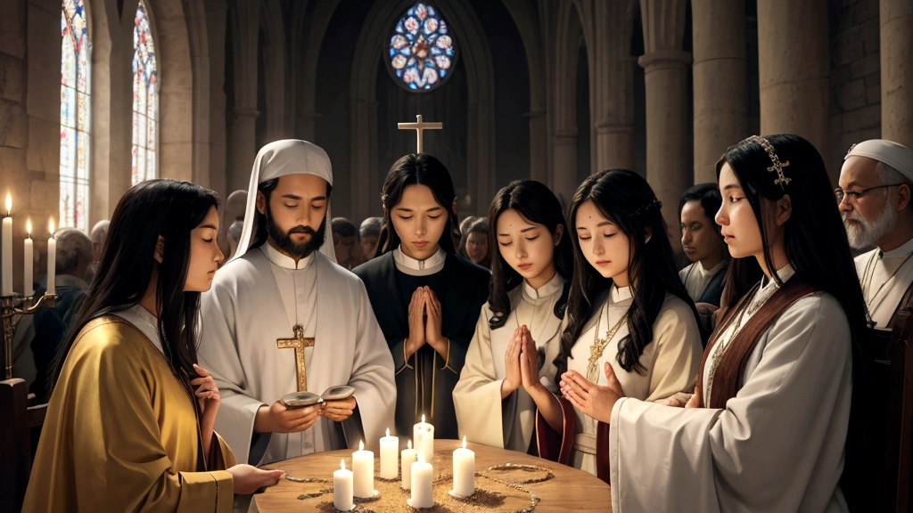 "Description: Create a scene illustrating the Communion of Saints, where believers from different walks of life, both living and deceased, are united in Christ. Show a diverse group of people of various ages and cultural backgrounds, gathered together in prayer and fellowship.
Details: Use a harmonious blend of colors and soft lighting to create a sense of spiritual unity and peace. Include symbols such as a cross or an image of Christ to signify their common faith. Show saints and angels in the background, symbolizing the spiritual presence and intercession of the departed saints. This visual should evoke the Catholic belief in the spiritual solidarity and interconnectedness of all believers in Christ.
"