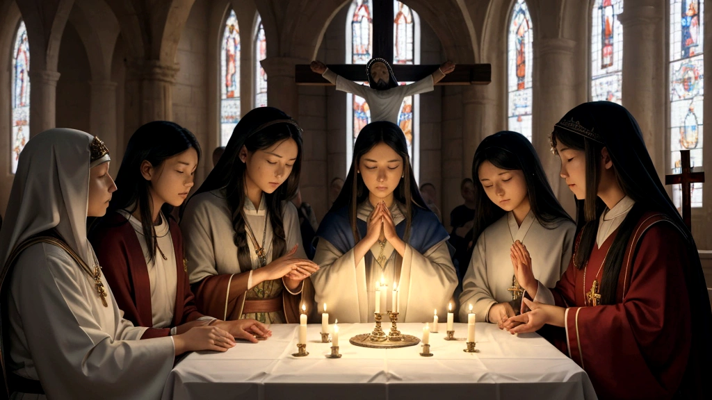 "Description: Create a scene illustrating the Communion of Saints, where believers from different walks of life, both living and deceased, are united in Christ. Show a diverse group of people of various ages and cultural backgrounds, gathered together in prayer and fellowship.
Details: Use a harmonious blend of colors and soft lighting to create a sense of spiritual unity and peace. Include symbols such as a cross or an image of Christ to signify their common faith. Show saints and angels in the background, symbolizing the spiritual presence and intercession of the departed saints. This visual should evoke the Catholic belief in the spiritual solidarity and interconnectedness of all believers in Christ.
"