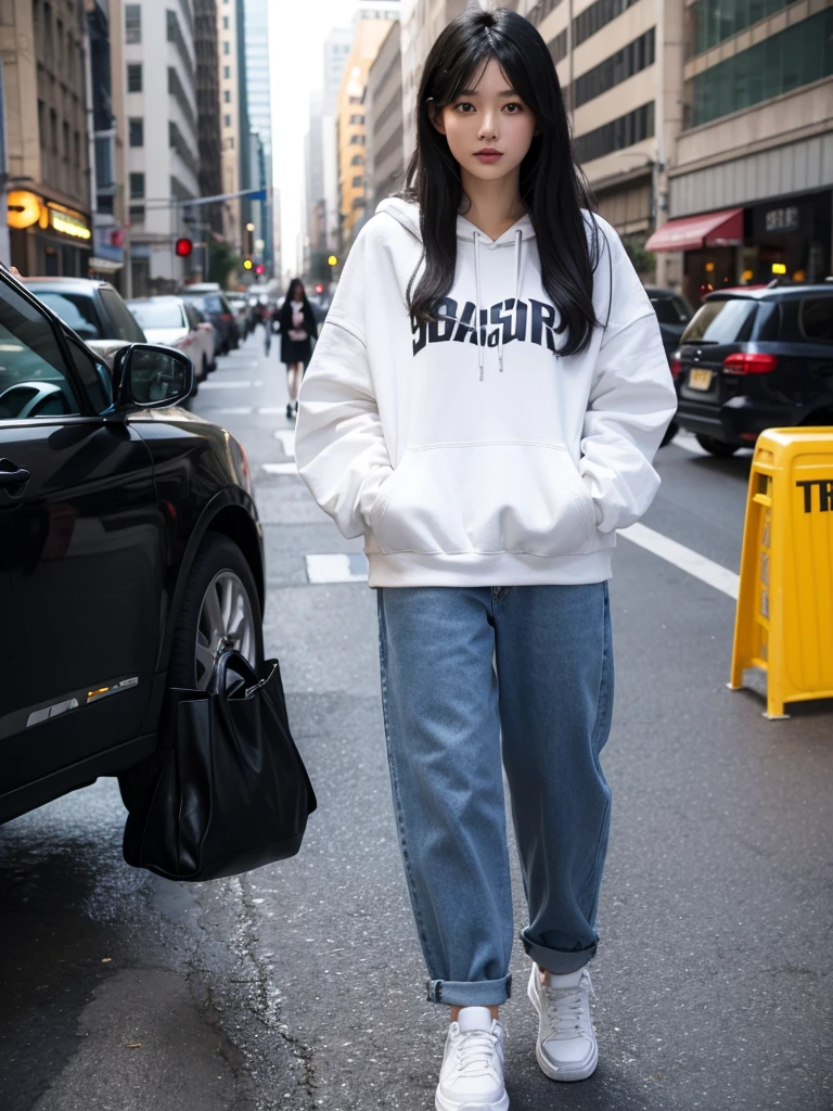an Asian woman, 30 years old, layered black hair, wearing baggy jeans, black hoodie, white sneakers.
