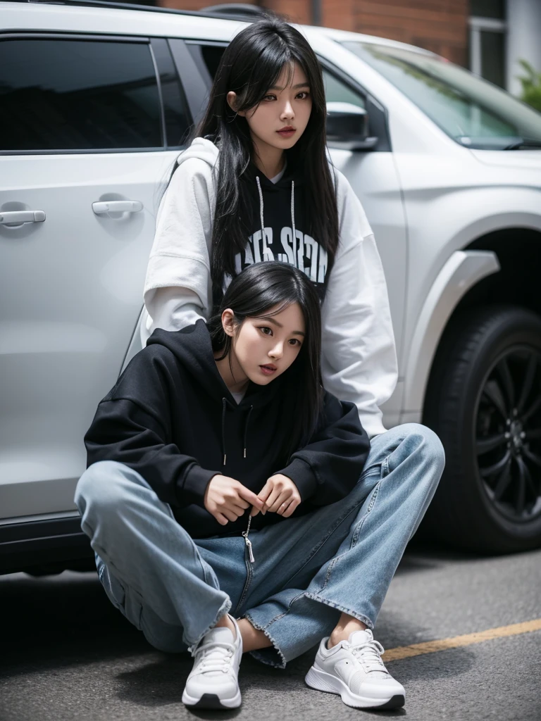 an Asian woman, 30 years old, layered black hair, wearing baggy jeans, black hoodie, white sneakers.