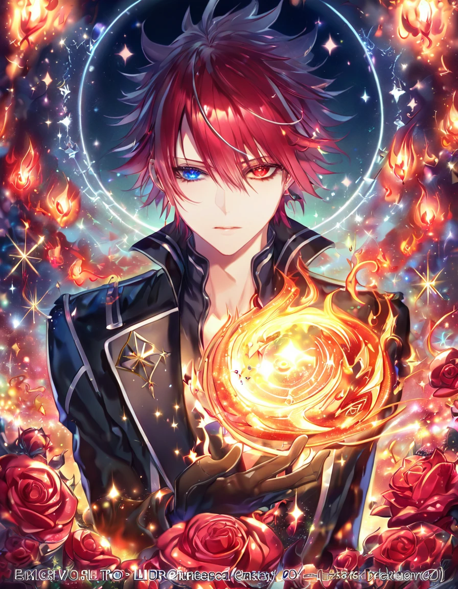 (absurdres, highres, ultra detailed, HDR) master piece, best quality, extremely detailed face, delicated features, Reiki, red hair, ruffled, spiked, with bangs, heterochromia, right eye blue, left eye gray, K Project, solo, sexy man, handsome, black leather jacket, black T-shirt, black leather gloves, magical fantasy, glittering, sparkling, red roses, radiant, red sparkling fireflies, flames, envy magical, fantasy