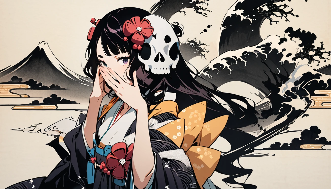 ((Covering his face with a skull mask)), (((Highest quality))), (((Katsushika Hokusai))), (((Ink Painting))), ((very straight longhair)), ((1 girl)), Japanese style headphones, Black Hair, Delicate and precise, Modern ukiyo-e style