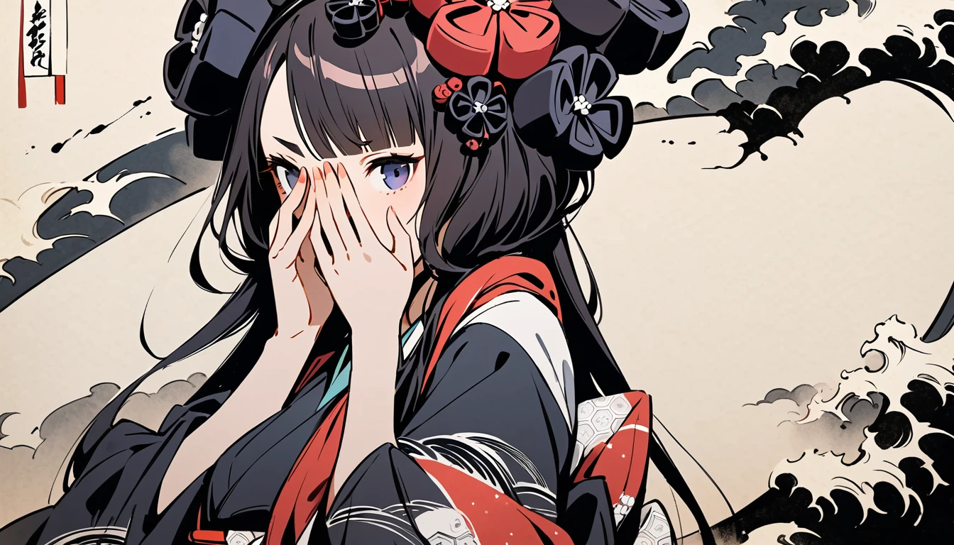 ((Covering his face with a skull mask)), (((Highest quality))), (((Katsushika Hokusai))), (((Ink Painting))), ((very straight longhair)), ((1 girl)), Japanese style headphones, Black Hair, Delicate and precise, Modern ukiyo-e style