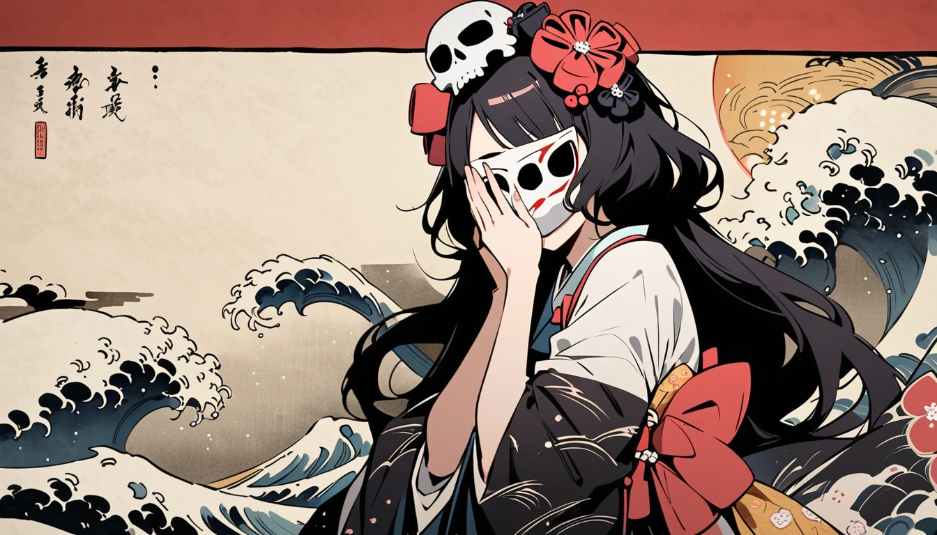 ((Covering his face with a skull mask)), (((Highest quality))), (((Katsushika Hokusai))), (((Ink Painting))), ((very straight longhair)), ((1 girl)), Japanese style headphones, Black Hair, Delicate and precise, Modern ukiyo-e style