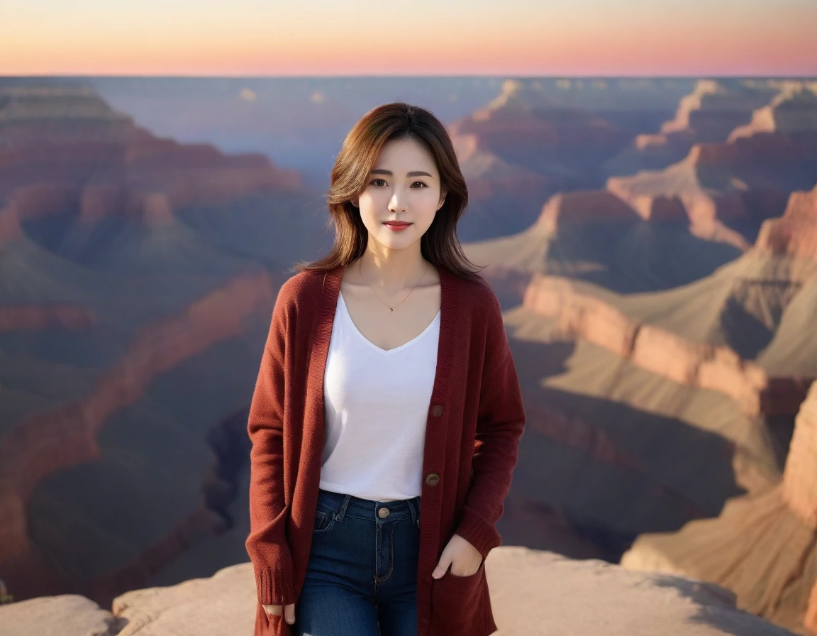 k Best picture quality, Beautiful 36-year-old Korean woman, short and good weather. Chest size 34 inches, View of the Grand Canyon Canyon in Colorado, USA , Red sunrise scene, Picture quality that makes the background vivid and realistic, Short and medium hair blowing in the wind, Wearing comfortable travel clothes, jeans and a cardigan., Faint smile. The background is clear, Short and slim Korean woman, Standing in the distance, photographed with a wide-angle lens, full body shot