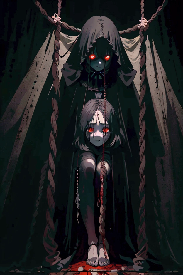 ((best quality)), ((masterpiece)), (detailed), one brunete girl hanging on rope, roped, in center of black room, amputated legs, dead pose, face covered with hair, blood on floor, horror atmosphere, scary