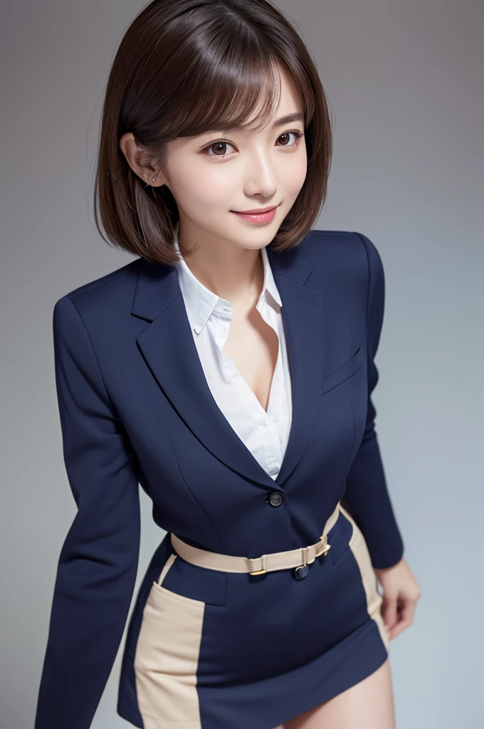 (8K, RAW Photos, Highest quality, masterpiece:1.2), Super detailed, Ultra-high resolution, (Realistic, Photorealistic:1.37), High-definition RAW color photos, Professional photos, Very delicate and beautiful, Very detailed, 8k wallpaper, (Beautiful and detailed eyes)、(Beautifully detailed face),Anatomically correct body shape, Professional Lighting,From Above,Close Up, one person,woman、Japanese、Age 28, Brown Hair,short Hair、 (A shy smile:1.3), Fine and beautiful skin、Skin Texture、 (Slim waist:1.2)、(E cup bust:1.21), (secretary,navy Blue,Long sleeve,suits:1.3),(mini skirt:1.25), (Emphasize the cleavage:1.1),standing, Sharp focus、The background is a real company