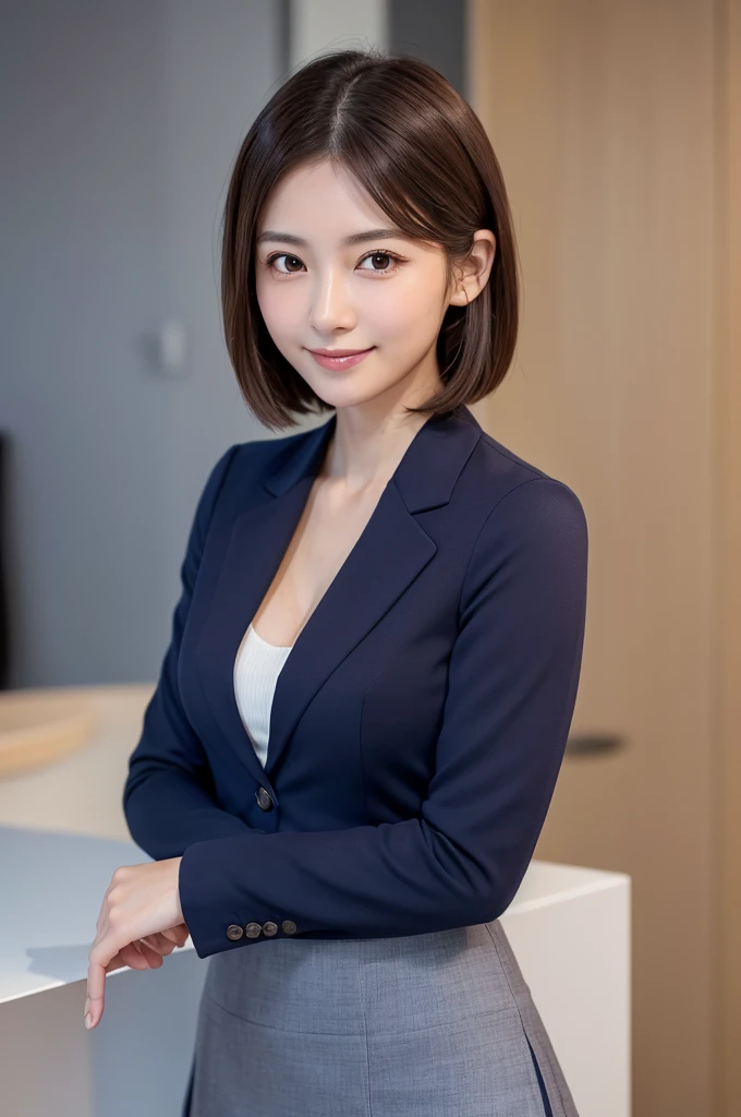 (8K, RAW Photos, Highest quality, masterpiece:1.2), Super detailed, Ultra-high resolution, (Realistic, Photorealistic:1.37), High-definition RAW color photos, Professional photos, Very delicate and beautiful, Very detailed, 8k wallpaper, (Beautiful and detailed eyes)、(Beautifully detailed face),Anatomically correct body shape, Professional Lighting,From Above,Close Up, one person,woman、Japanese、Age 28, Brown Hair,short Hair、 (A shy smile:1.3), Fine and beautiful skin、Skin Texture、 (Slim waist:1.2)、(E cup bust:1.21), (secretary,navy Blue,Long sleeve,suits:1.3),(mini skirt:1.25), (Emphasize the cleavage:1.1),standing, Sharp focus、The background is a real company