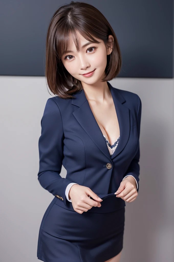 (8K, RAW Photos, Highest quality, masterpiece:1.2), Super detailed, Ultra-high resolution, (Realistic, Photorealistic:1.37), High-definition RAW color photos, Professional photos, Very delicate and beautiful, Very detailed, 8K壁紙, (Beautiful and detailed eyes)、(Beautifully detailed face),Anatomically correct body shape, Professional Lighting,From Above,Close Up, One person,woman、Japanese、Age 25, Brown Hair、Short Hair、 (A shy smile:1.3), Fine and beautiful skin、Skin Texture、 (Slim waist:1.2)、(E cup bust:1.21), (secretary, Navy Blue,Long sleeve,suits:1.3),(mini skirt:1.25), (Emphasize the cleavage:1.1),Sitting, Sharp focus、The background is a real company conference room