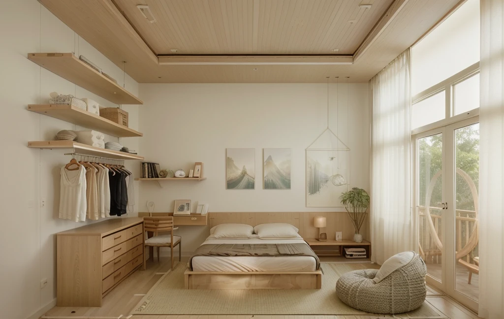 A serene Muji style bedroom with a flat ceiling and recessed downlights arranged in a sparse, straight line pattern. The room features a neutral color palette of soft whites, beiges, and natural wood tones, with a low-profile wooden bed, minimalist nightstands, and a functional wooden desk. Soft lighting from simple, round lamps and large windows with sheer curtains create a warm atmosphere. The walls are adorned with two framed abstract artworks and a wooden macrame wall hanging. An open wardrobe with shelves and a hanging rail for clothes adds functionality and simplicity, while a unique circular window enhances the modern Japanese aesthetic. ((8k)), high quality detail, minimalist design, natural materials, clean lines, serene and inviting, modern Japanese aesthetic, flat ceiling, recessed downlights, abstract artwork, macrame wall hanging, open wardrobe, wooden desk, sheer curtains, circular window.

