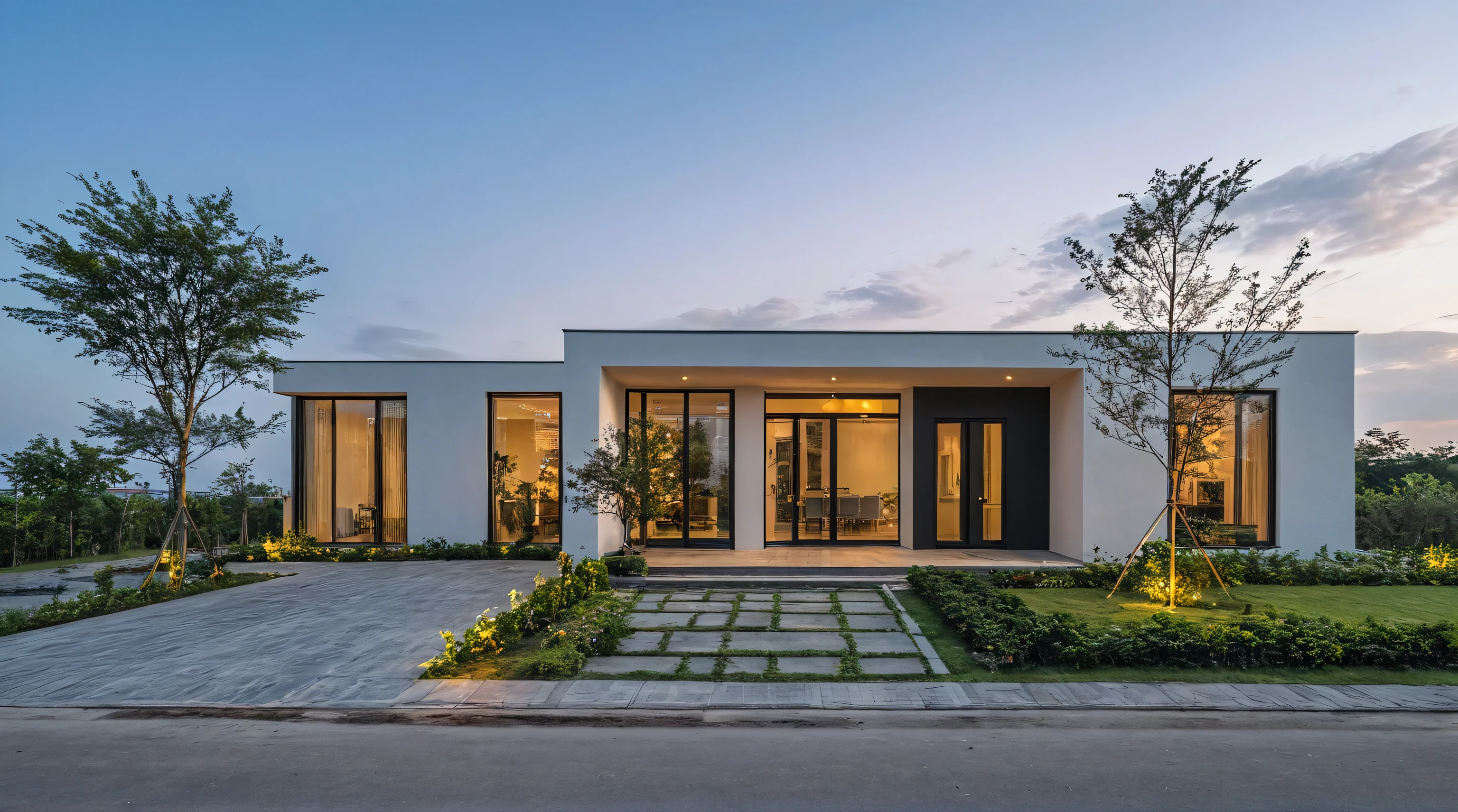 Masterpiece, high quality, best quality, authentic, super detail, outdoors, onestoreyvillaXL, aiaigroup, house style modern, white wall ,pavement, grass, trees, dusk sky, cloud, (daylight:1.1)
