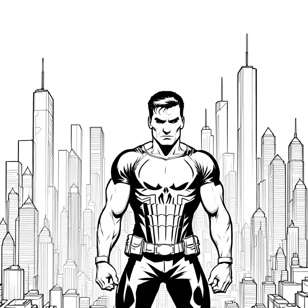 punisher comic city skyline, coloring page, black and white, white background