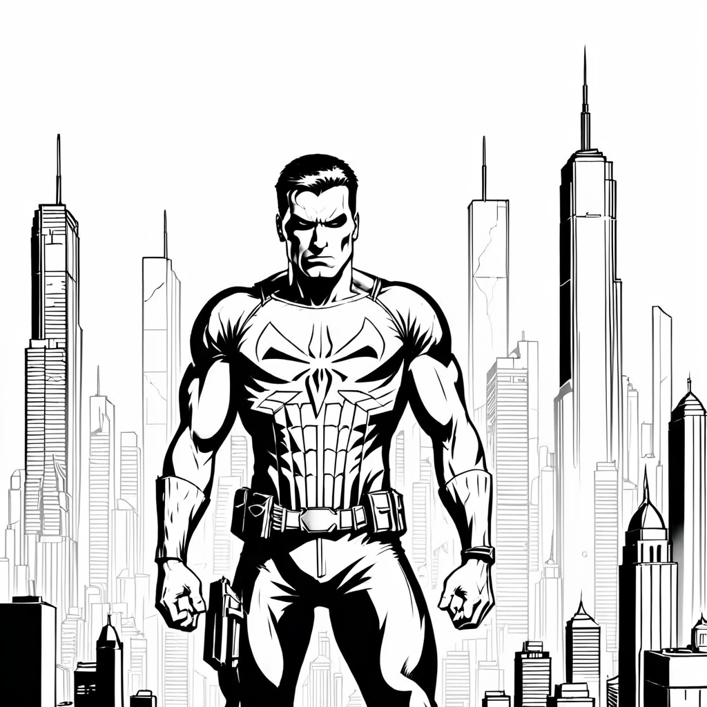 punisher comic city skyline, coloring page, black and white, white background