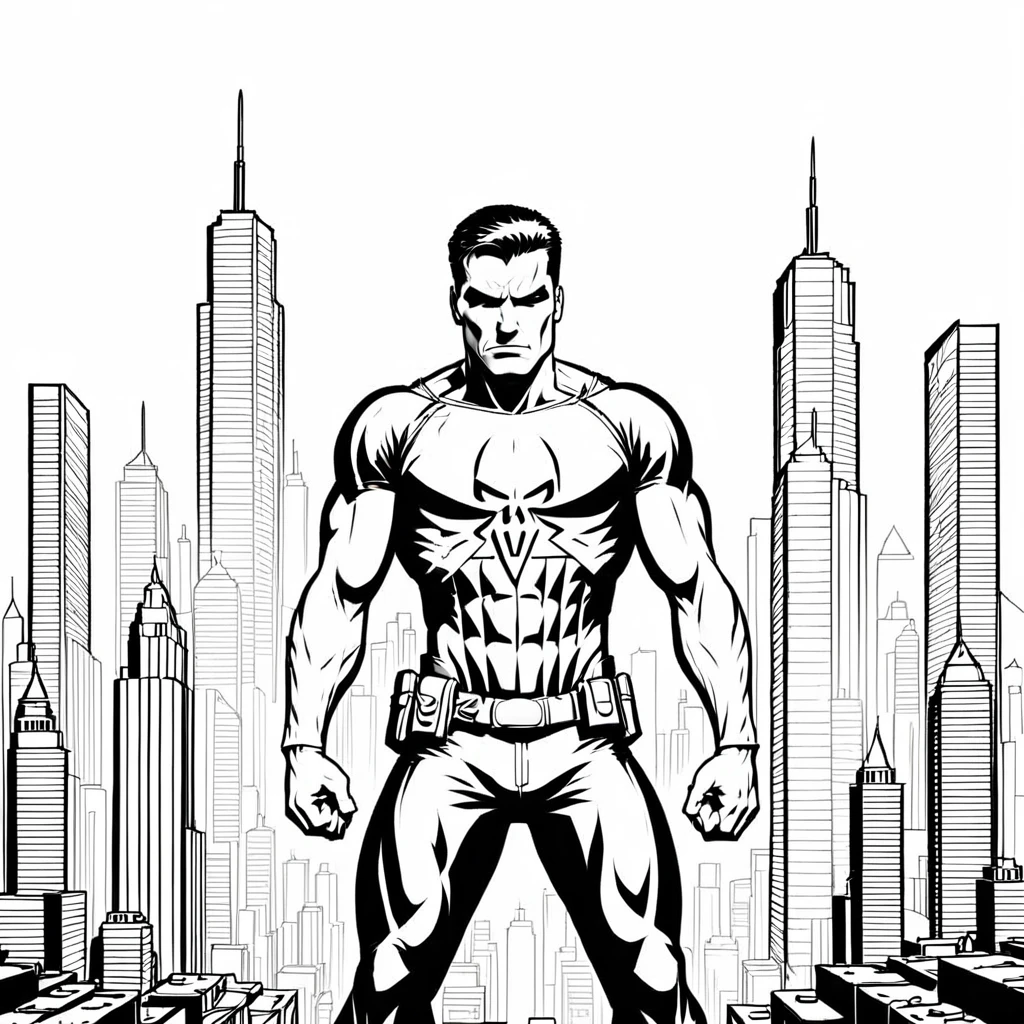 punisher comic city skyline, coloring page, black and white, white background