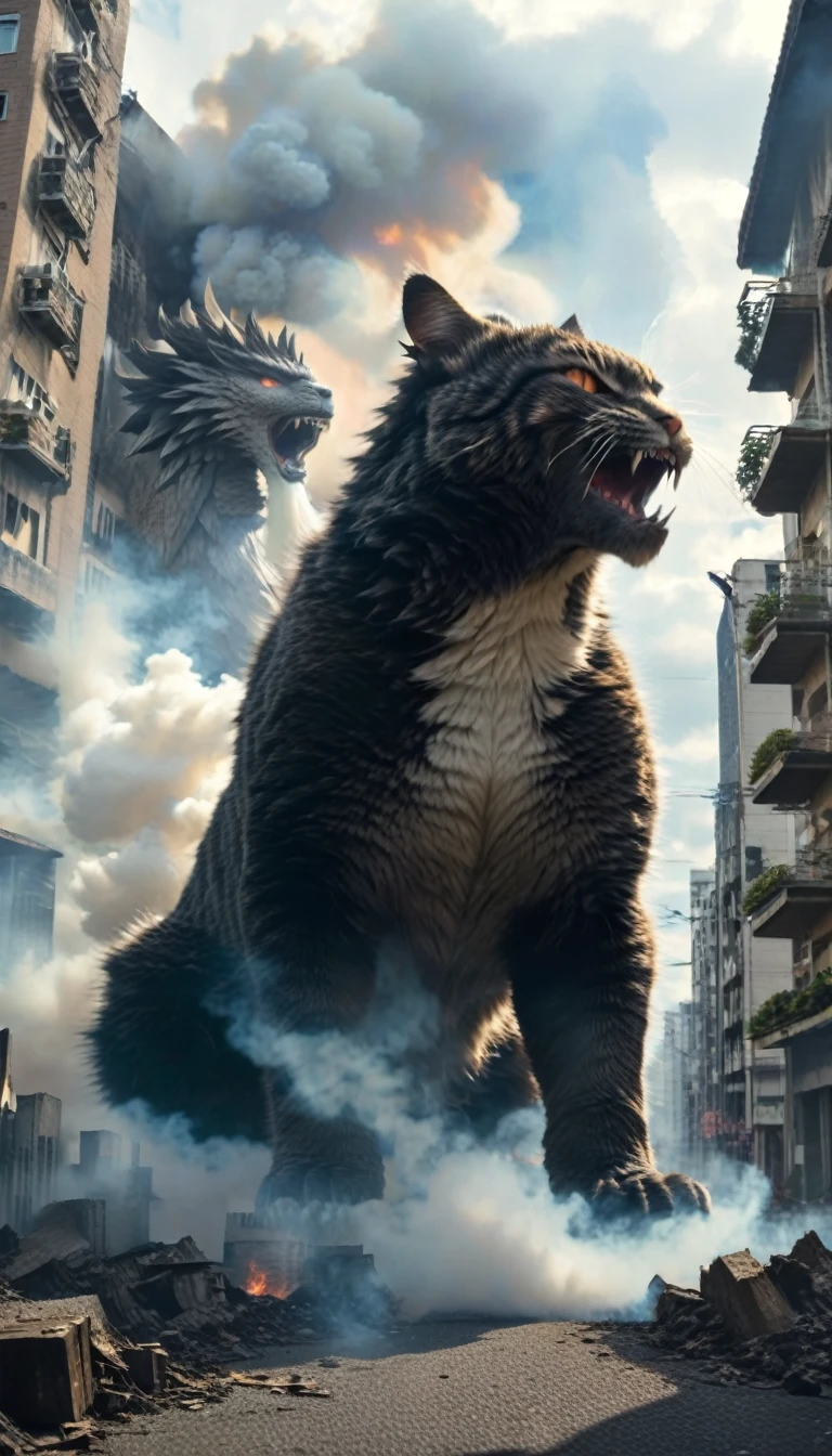 A giant cat like Godzilla is destroying the city。The giant cat is roaring。Smoke is in the background。
