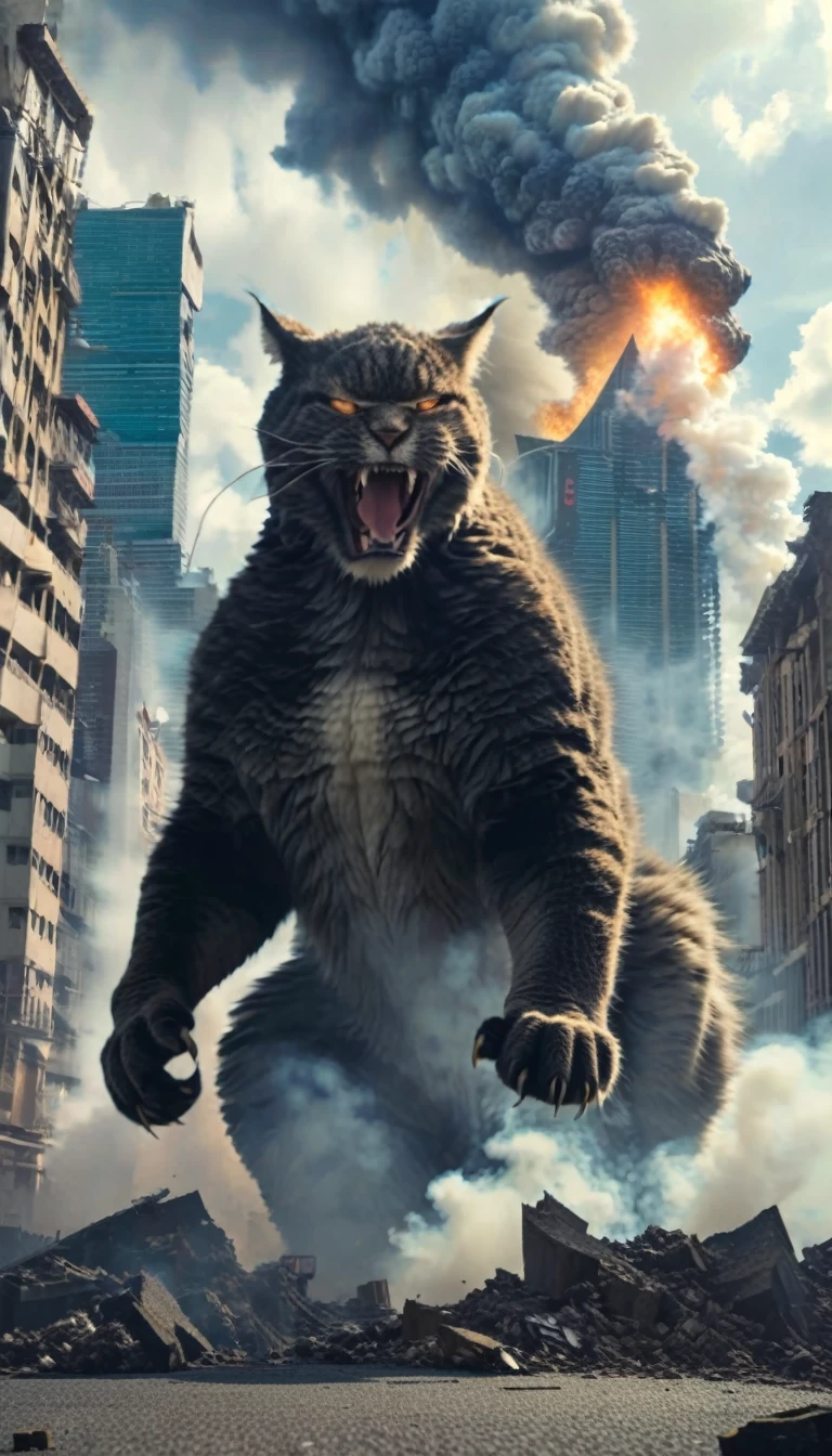 A giant cat like Godzilla is destroying the city。The giant cat is roaring。Smoke is in the background。