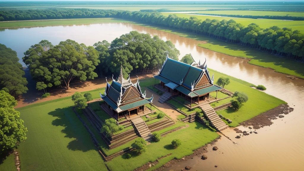 Beautiful scenery of ancient Cambodian village. Aerial view. Photorealistic photos, High definition. 8K