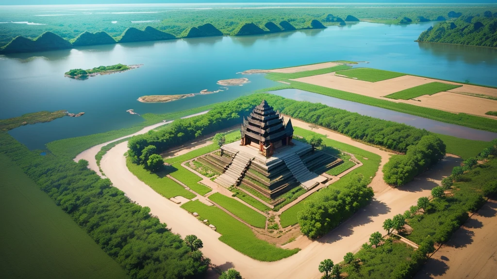 Beautiful scenery of ancient Cambodian village. Aerial view. Photorealistic photos, High definition. 8K