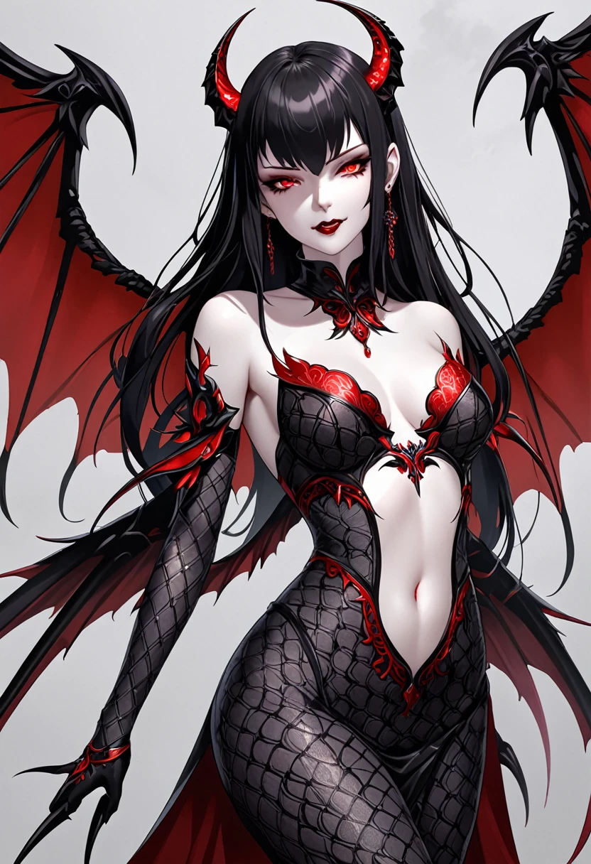 Gere imagens de: Masterpiece, best quality, ultra-detailed in 8K resolution, 1girl succubus exuding immense cruelty and allure. She has long, flowing black hair and piercing crimson eyes that shimmer with malevolence. Clad in seductive yet sinister attire, adorned with dark leathery textures, intricate patterns, and arcane symbols. Her pale skin radiates an otherworldly charm, sharp claws and delicate yet deadly wings protruding from her back. With a seductive smirk revealing sharp fangs, she stands with a commanding presence, embodying a merciless and dominant demeanor, illustration. Background uniformly gray, focusing solely on the powerful succubus character