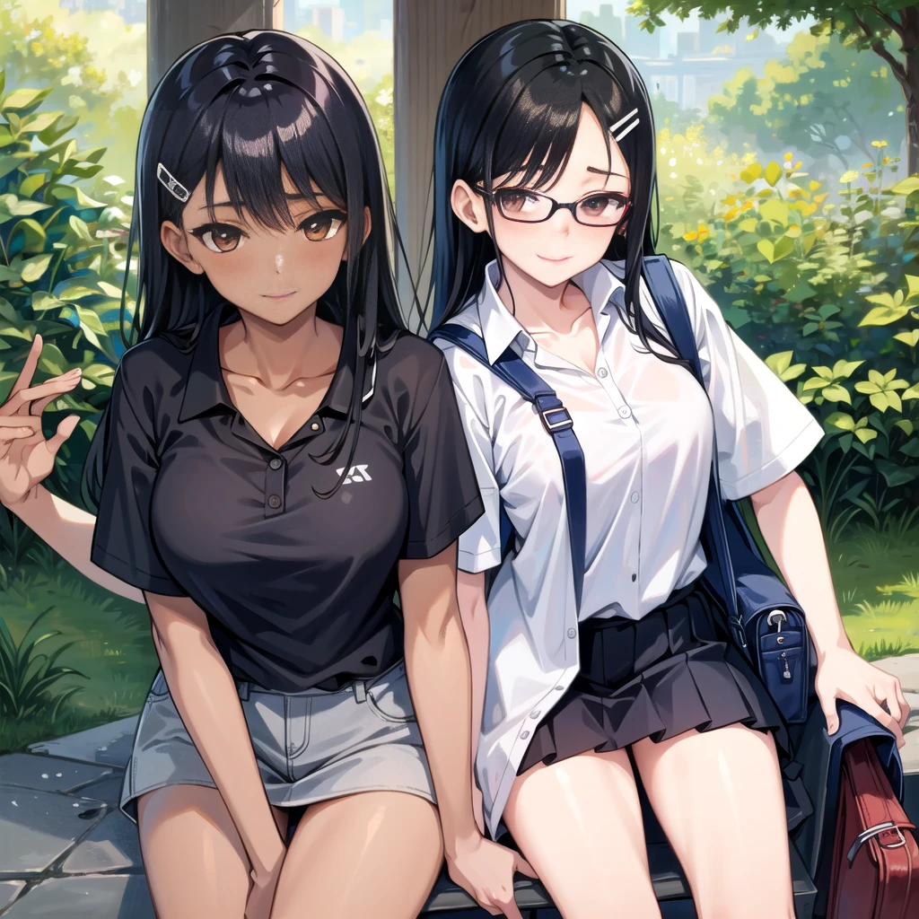 ((best quality)), ((masterpiece)), (details), one girl, sexy ((best quality)), ((masterpiece)), (details), one girl, sexy ((best quality)), ((masterpiece)), (details), one girl, full body, sexy expensive body, expensive, long legs, mature woman, mature, adult, it_nagatoro_main, Nagatoro Hayase, one girl, blushing, alone, uniform polo shirt, black hair, bag, brown eyes, hair accessory, looking at viewer, hair clip, outdoors, backpack, smiling, long hair, dark skinned woman, dark skin, , bangs, daytime, skirt, collared shirt, collarbone, ear clip, mouth closed, tree, asymmetrical bangs, upper body