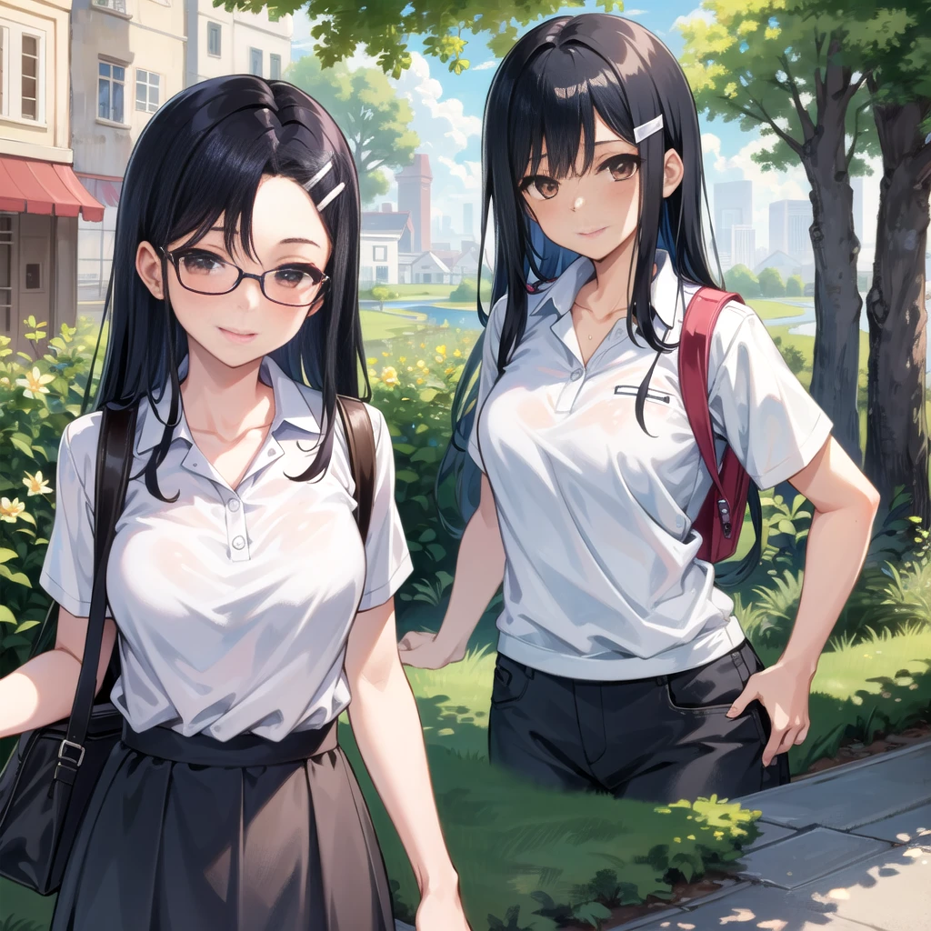 ((best quality)), ((masterpiece)), (details), one girl, sexy ((best quality)), ((masterpiece)), (details), one girl, sexy ((best quality)), ((masterpiece)), (details), one girl, full body, sexy expensive body, expensive, long legs, mature woman, mature, adult, it_nagatoro_main, Nagatoro Hayase, one girl, blushing, alone, uniform polo shirt, black hair, bag, brown eyes, hair accessory, looking at viewer, hair clip, outdoors, backpack, smiling, long hair, dark skinned woman, dark skin, , bangs, daytime, skirt, collared shirt, collarbone, ear clip, mouth closed, tree, asymmetrical bangs, upper body