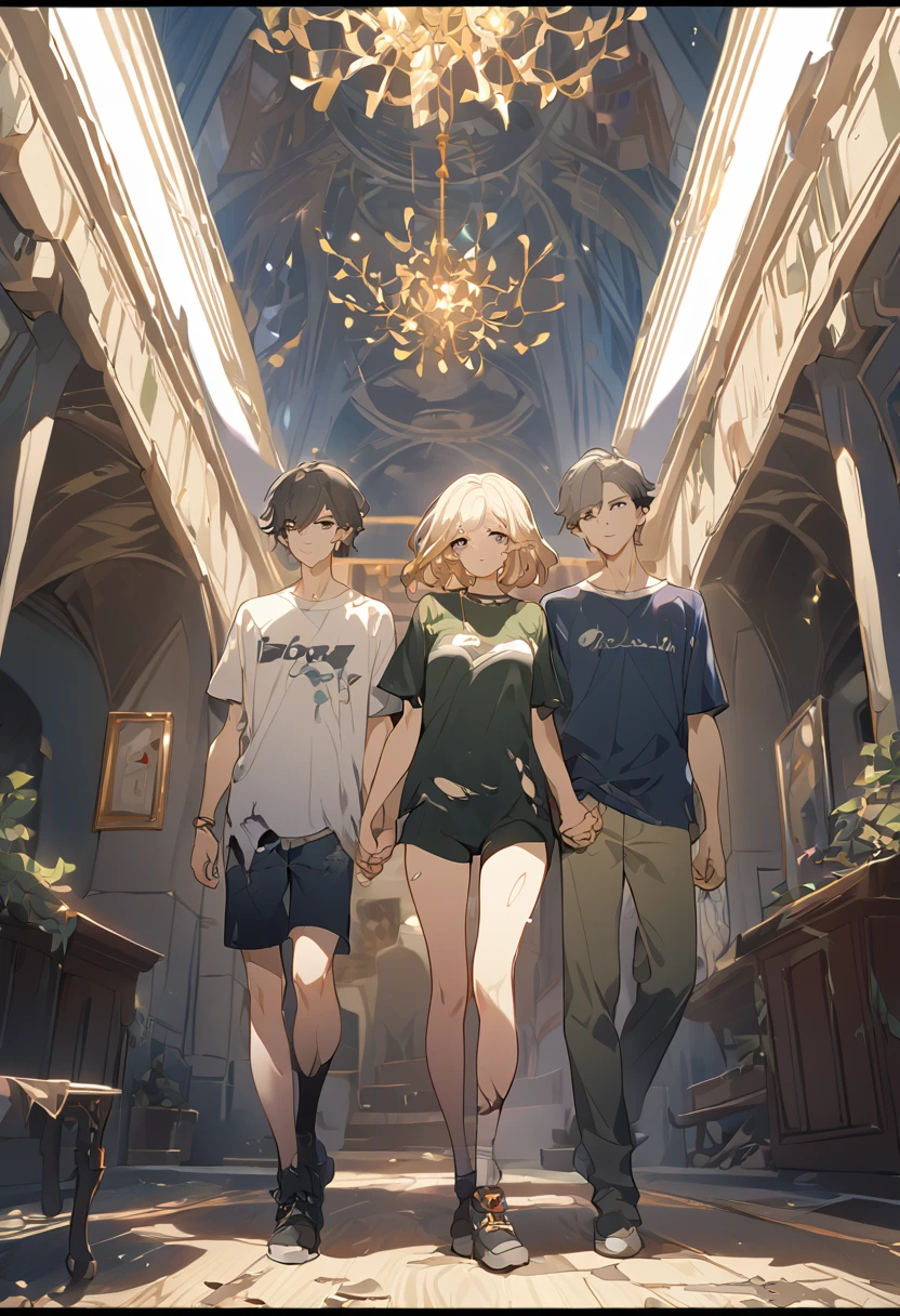masterpiece, best quality, 8k ,4k, 2 boys, elf boys, long ears elf, twin elf, (one boy dark grayish hair with dark greenish eyes, torn and worn out clothes, thin body), (one boy light blond hair with dark bluish eyes, clean and neat clothes), stand side by side, holding hand, inspired by Asukaziye artist : ask, art style : ask