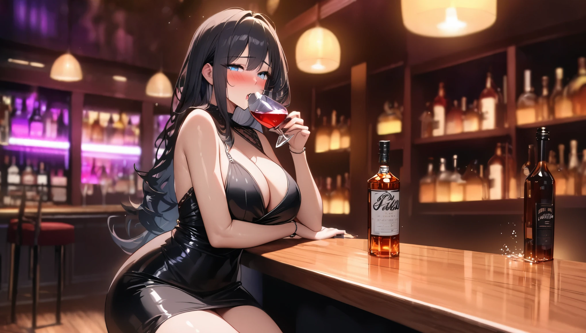 (masterpiece), (best quality), (Clear focus), (Depth of Field), (Busty female): Solitary, (Perfect face), (Detailed clothing), (Busty),(Look at the camera carefully), Beautiful woman, blue eyes, whole body, black hair, Slightly curly long hair, (Black sexy dress,Penetrate the flesh) (((((Night scene background))))), (((at the bar))), wine, whiskey, High ball,(Shiny and glowing, Effect:1.2),(best quality, 4K, high resolution, masterpiece:1.2, Extremely detailed),Large Breasts,30 years old girl,独奏,black hair,long hair,blue eyes,(drunk,blush),sitting,drinking,((Mature sexy body)),Black stockings,Black tight skirt, Mature sexy body,holding mug,counter,pub,(Fashion bar) indoors, ((Cocktail Glass) Full of colorful wine), (dimly light room), Wine Bottle, Detailed background