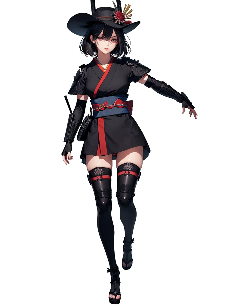 ((1girl, solo)), beautiful body, (perfect anatomy, perfect body, perfect hands, perfect legs), (five fingers:1.5), natural proportions, sexy body, large breasts, cowboy shot BREAK
((extremely detailed face)), (beautiful detailed eyes:1.6), (realistic pupils, realistic iris:1), expressive eyes, looking at viewer, (clear eyes:1.3), (hyperrealistic:1.2), (detailed skin texture:1.2), smooth skin, (black hair:1.5), (red eyes:1.3), ((mature female)), (detailed lips:1.2), (attractive lips:1.1), (glossy lips:1.1), (parted lips), perfect face, perfect eyes BREAK
japanese clothes, (short kimono:1.5), puffy short sleeves, sash, black elbow gloves, fingerless gloves, (arm guard:1.5), thighs, black thighhighs, ass visible through thighs, jingasa, (samurai hat:1.3) BREAK
(masterpiece:1.5), anime-style, top quality, best quality, (beautiful and aesthetic:1.2), (ultra detail:1.5), Ultra-detailed depiction, Ultra-precise depiction, extremely detailed 8k illustration, high resolution, (highly detailed shading:1.2), (realistic lighting:1.4), perfect lighting, vibrant colors, dynamic tones, striking hues, 8k, absurd resolution, perfect shadows, hdr, UHD, ambient lighting, realistic, ultra-realistic, photo realistic, highly detailed, rich detail, luminous colors, fine texture, intricate design, professional illustration, (soft light:1.2), (illustration:0.7)