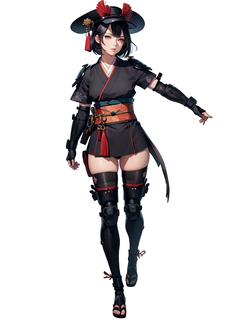 ((1girl, solo)), beautiful body, (perfect anatomy, perfect body, perfect hands, perfect legs), (five fingers:1.5), natural proportions, sexy body, large breasts, cowboy shot BREAK 

((extremely detailed face)), (beautiful detailed eyes:1.6), (realistic pupils, realistic iris:1), expressive eyes, looking at viewer, (clear eyes:1.3), (hyperrealistic:1.2), (detailed skin texture:1.2), smooth skin, (black hair:1.5), (red eyes:1.3),  ((mature female)), (detailed lips:1.2), (attractive lips:1.1), (glossy lips:1.1), (parted lips), perfect face, perfect eyes BREAK

japanese clothes, (short kimono:1.5), puffy short sleeves, sash, black elbow gloves, fingerless gloves, (arm guard:1.5), thighs, black thighhighs, ass visible through thighs, jingasa, (samurai hat:1.3) BREAK

(masterpiece:1.5), anime-style, top quality, best quality, (beautiful and aesthetic:1.2), (ultra detail:1.5), Ultra-detailed depiction, Ultra-precise depiction, extremely detailed 8k illustration, high resolution, (highly detailed shading:1.2), (realistic lighting:1.4), perfect lighting, vibrant colors, dynamic tones, striking hues, 8k, absurd resolution, perfect shadows, hdr, UHD, ambient lighting, realistic, ultra-realistic, photo realistic, highly detailed, rich detail, luminous colors, fine texture, intricate design, professional illustration, (soft light:1.2), (illustration:0.7)