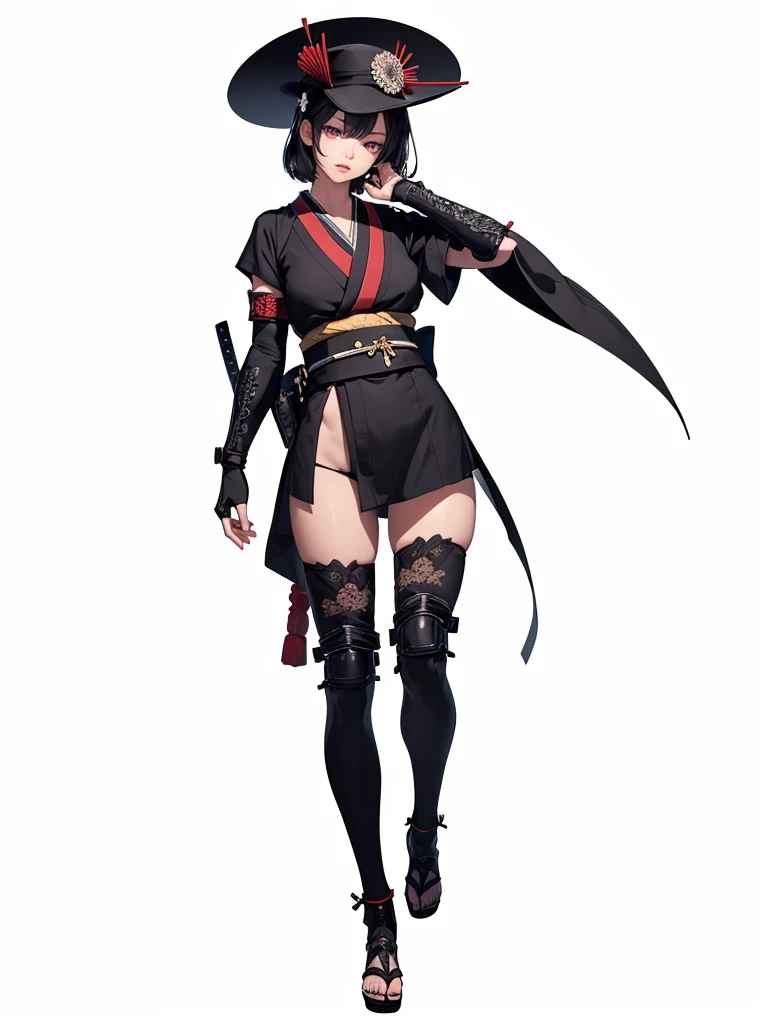 ((1girl, solo)), beautiful body, (perfect anatomy, perfect body, perfect hands, perfect legs), (five fingers:1.5), natural proportions, sexy body, large breasts, cowboy shot BREAK
((extremely detailed face)), (beautiful detailed eyes:1.6), (realistic pupils, realistic iris:1), expressive eyes, looking at viewer, (clear eyes:1.3), (hyperrealistic:1.2), (detailed skin texture:1.2), smooth skin, (black hair:1.5), (red eyes:1.3), ((mature female)), (detailed lips:1.2), (attractive lips:1.1), (glossy lips:1.1), (parted lips), perfect face, perfect eyes BREAK
japanese clothes, (short kimono:1.5), puffy short sleeves, sash, black elbow gloves, fingerless gloves, (arm guard:1.5), thighs, black thighhighs, ass visible through thighs, jingasa, (samurai hat:1.3) BREAK
(masterpiece:1.5), anime-style, top quality, best quality, (beautiful and aesthetic:1.2), (ultra detail:1.5), Ultra-detailed depiction, Ultra-precise depiction, extremely detailed 8k illustration, high resolution, (highly detailed shading:1.2), (realistic lighting:1.4), perfect lighting, vibrant colors, dynamic tones, striking hues, 8k, absurd resolution, perfect shadows, hdr, UHD, ambient lighting, realistic, ultra-realistic, photo realistic, highly detailed, rich detail, luminous colors, fine texture, intricate design, professional illustration, (soft light:1.2), (illustration:0.7)