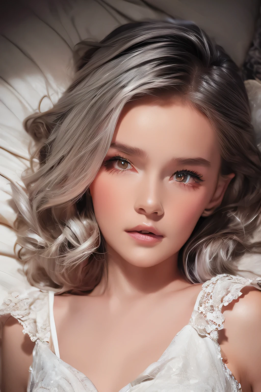 masterpiece, Highest quality, Super detailed, 8K, Detailed light, Detailed Shadows, born, (Detailed skin), (Genuine: 1.2),, 1. Scandinavian Girl, face, (), Gray Hair, Sleep in a plush bed, Night Dress