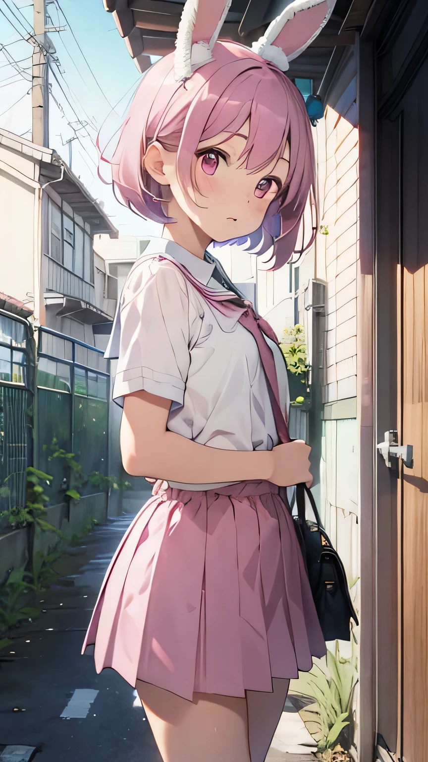 Highest quality, pretty girl, pastel colour, Fluffy bunny ears, Pink short bob,Pale pink eyes,Age 25,uniform,School
