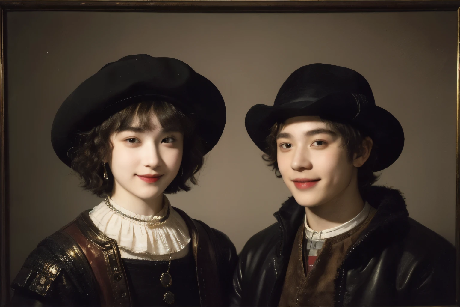252 (An 18-year-old female and an 18-year-old male), (short hair),kind, lipstick, (Rembrandt-style painting), smile