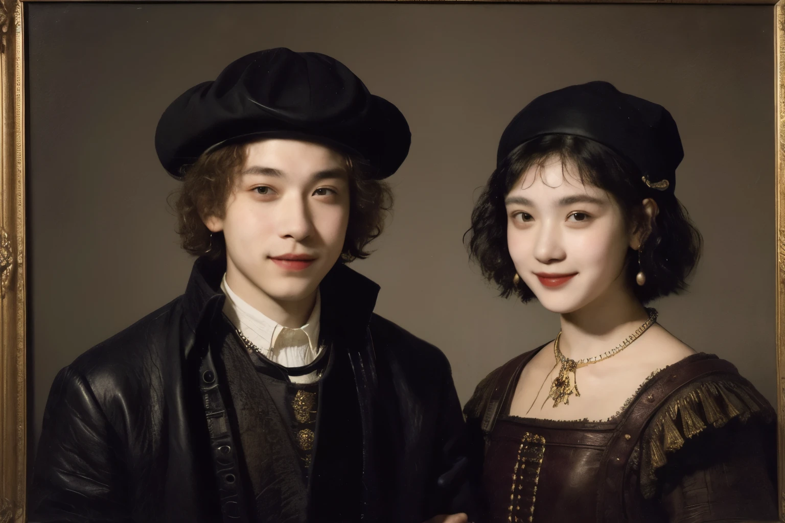 252 (An 18-year-old female and an 18-year-old male), (short hair),kind, lipstick, (Rembrandt-style painting), smile