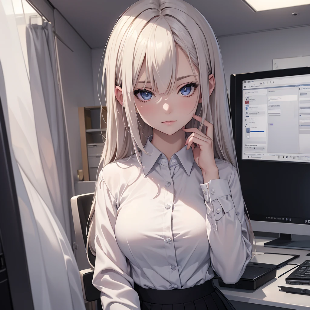(8K, Best Quality, Masterpiece, Ultra High Resolution) 1Girl, Beautiful Eyes, Face Details, Platinum Hair, Hazel Eyes, Pale Skin, Slender, Office Attire, Blouse, Skirt, Inside Office, Best Quality, Upper Body, Looking at the Viewer, Facing Viewer, Close Up