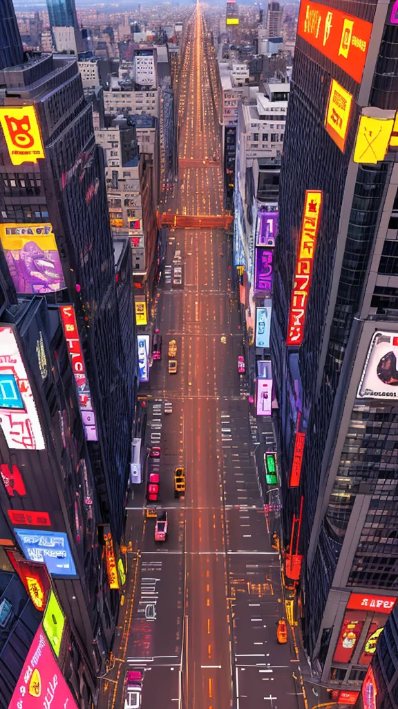 Straight road running through the center of the city, game concept, game map, pixel, pixel art, (straight road:1.2), paved road, night, detailed, vertical, bird's eye view, modern city, modern buildings, post-apocalypse, front projection