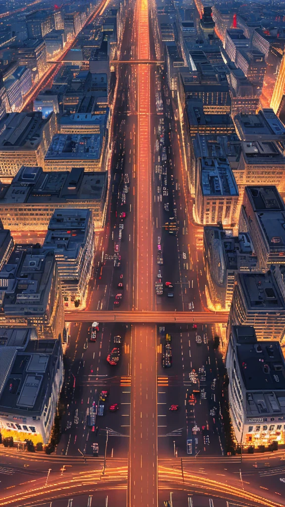 Straight road running through the center of the city, game concept, game map, pixel, pixel art, (straight road:1.2), paved road, night, detailed, vertical, bird's eye view, modern city, modern buildings, post-apocalypse, front projection