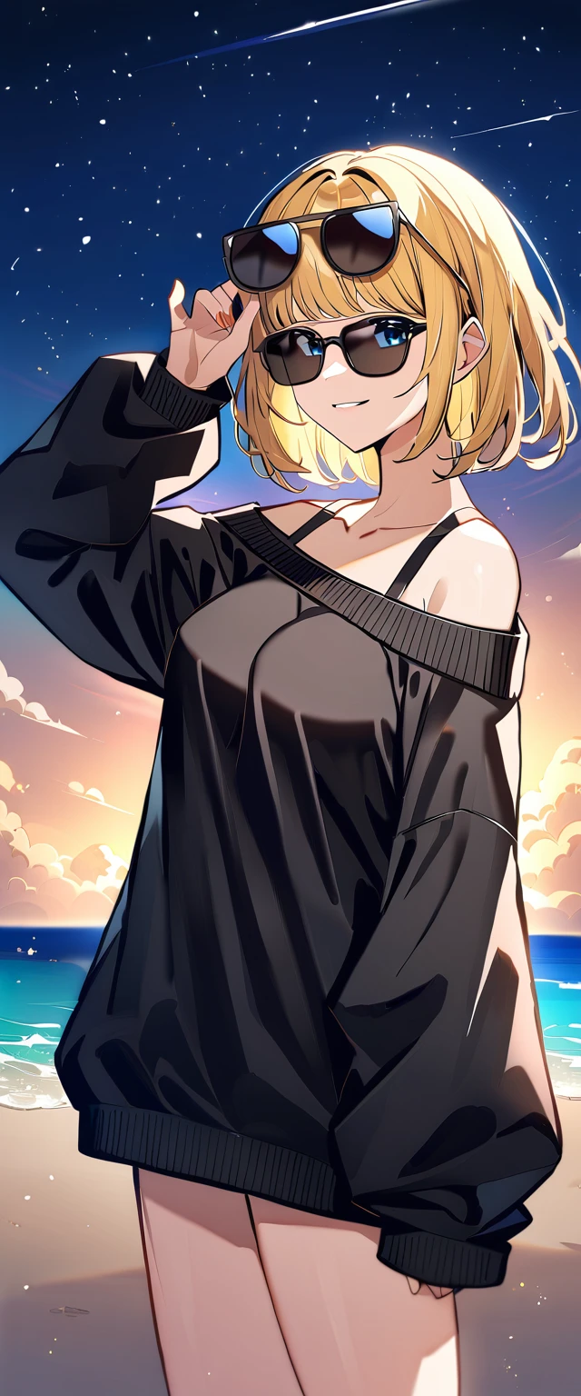 ((sea, beach)), bare legs, ((starly sky)), (((sunglasses, hand to sunglasses))), (((cowboy shot))), ((wavy hair, inward curled hair)), ((night)), ((blond hair, bob cut:1.3)), breasts, teenager, (looking at viewer), oversized clothes, puffy long sleeves, ((off-shoulder sweater:1.3, Quite thick shoulder straps)), ((black sweater)), collarbone, head tilt:1.3, (((blue eyes))), ((happy smile)), (((anime style))), (best quality, 4K, 8K, highres, masterpiece:1.2, ultra-detailed, ultra-detailed eyes, HDR, uhd, studio lighting, ultra-fine painting, sharp focus, physically-based rendering, extreme detail description, professional, vivid colors, bokeh)