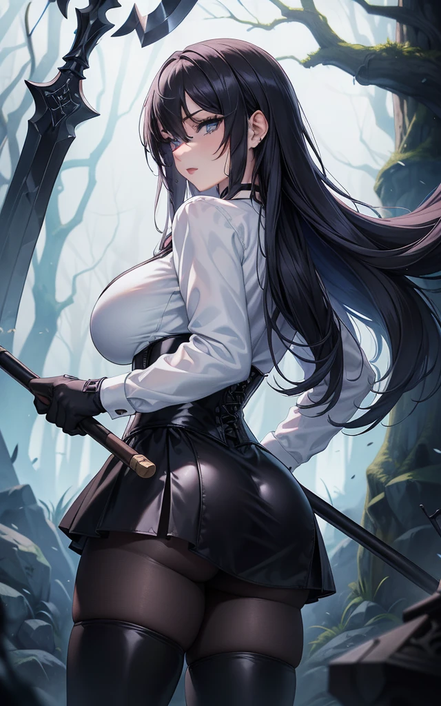 Masterpiece, Beautiful art, professional artist, 8k, art style by sciamano240, Very detailed face, Detailed clothing, detailed fabric, 1 girl, view from behind, perfect ass, big breasts, perfectly drawn body, fighting pose, beautiful face, long hair, blue eyes, very detailed eyes, pink cheeks, shy expression, choker:1.6, (long sleeve white collar buttoned shirt), black gloves, gloves covering hands, (holding an ax in the right hand), (black leather corset), (black  miniskirt), (shiny black leggings), sensual lips ,  evening de invierno, show details in the eyes, view from front, looking at the viewer, dark path, dark forest, evening, Atmosphere, fog