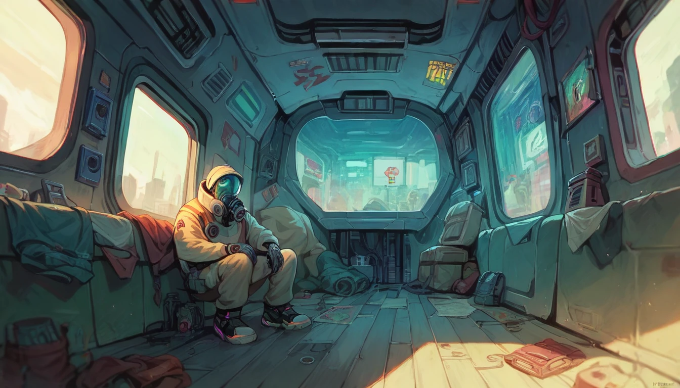 Draw a 27 years old blonde yellow hair medic, sitting on a small medical bay research platform at the space ship, asteroid belt visible through the big window. He is studying with a notebook, surrounded by several asteroids glowing with fiery auras. Drips of red blood here and there, Dramatic lighting from distant stars and planets illuminates the scene, casting deep shadows on the medical coat. The young man looks confident and determined, looking at the vast and mysterious universe with wonder and respect, cowboy shot, middle lengh hair, red contrast colour, blood splater here and there