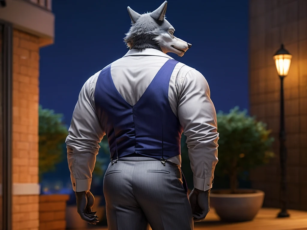 Legoshi is a tall, lean gray wolf, fur on his body is bluish gray, while his face, neck, and chest fur are a cream color, wearing a indigo vest, a dark gray tie, black suspenders, gray pants with dark gray vertical stripes, and brown loafers, anthro wolf, male, adult, muscles, grey fur, buffed body, tail, sexy, beefy body, furred body, furry chest hair, realistic, full body, photorealistic, ultra realistic, 8k, night, bare-chested, in back turned posing, sexy butt, fluffy ass, sexy butt
