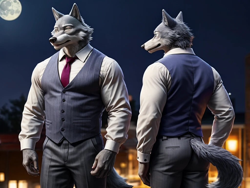 Legoshi is a tall, lean gray wolf, fur on his body is bluish gray, while his face, neck, and chest fur are a cream color, wearing a indigo vest, a dark gray tie, black suspenders, gray pants with dark gray vertical stripes, and brown loafers, anthro wolf, male, adult, muscles, grey fur, buffed body, tail, sexy, beefy body, furred body, furry chest hair, realistic, full body, photorealistic, ultra realistic, 8k, night, bare-chested, in back turned posing, sexy butt, fluffy ass, sexy butt