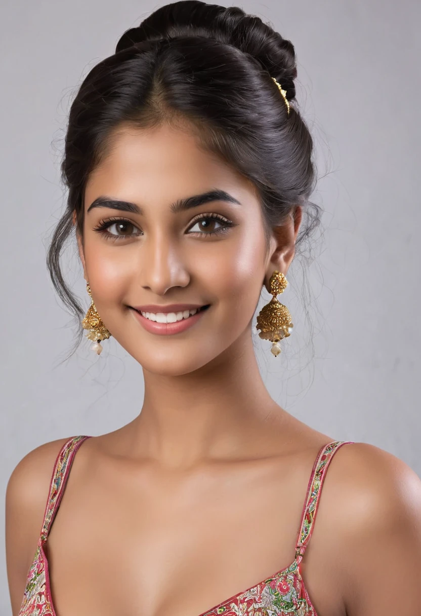 Maya is 18 year old indian girl. Maya stands tall at 70 inches (178 cm) and weighs 180 pounds (82 kg). Her chest measures 44 inches (112 cm), waist 38 inches (97 cm), and hips 46 inches (117 cm). She has intense hazel eyes that reflect her strong spirit, framed by thick, naturally arched eyebrows. Her broad and prominent nose adds to her distinctive look. Maya's full, expressive lips often wear a confident smile. Her medium-sized ears are adorned with simple earrings. Her thick, wavy, dark brown hair is often styled in a loose bun. Her deep tan skin tone gives her a powerful presence. Maya's tall and robust build commands attention, and her warm smile makes her approachable and friendly