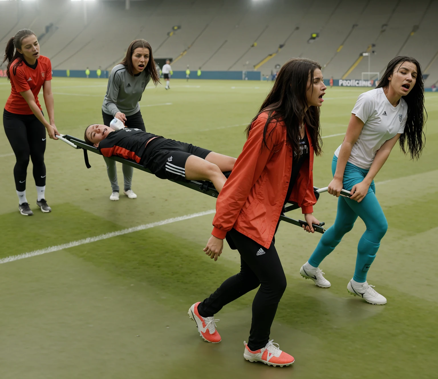 a soccer scene in a sports stadium, cool and wet weather conditions, humide ground, rainy sky, injury scene in a sports stadium, stretcher carry, there are four female medics carrying a stretcher, there are four female medics in very shiny coats who are carrying a stretcher in a sports stadium, there is a wounded male soccer player in a matte short cotton sports outfit lying on the stretcher, an injured male soccer player in matte cotton sportswear is lying in pain on a stretcher, a soccer player in matte cotton sports clothes is rearing up in intense pain while lying on a stretcher, dramatic scene, theatralic posing scene, dramatic pity scene, injury soccer, first aid, help, pity, there are four female medics in wetlook high-shine coats who are looking very sad and very terrified and very shocked, the injured soccer player is screaming out in pain while he is carried from the pitch on a stretcher