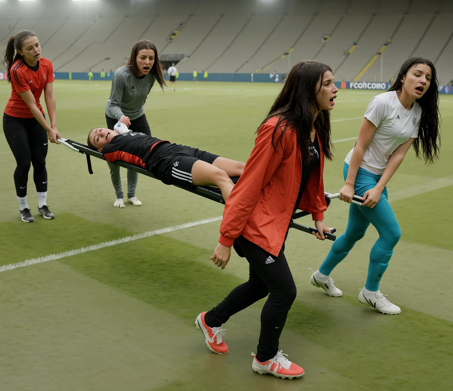 a soccer scene in a sports stadium, cool and wet weather conditions, humide ground, rainy sky, injury scene in a sports stadium, stretcher carry, there are four female medics carrying a stretcher, there are four female medics in very shiny coats who are carrying a stretcher in a sports stadium, there is a wounded male soccer player in a matte short cotton sports outfit lying on the stretcher, an injured male soccer player in matte cotton sportswear is lying in pain on a stretcher, a soccer player in matte cotton sports clothes is rearing up in intense pain while lying on a stretcher, dramatic scene, theatralic posing scene, dramatic pity scene, injury soccer, first aid, help, pity, there are four female medics in wetlook high-shine coats who are looking very sad and very terrified and very shocked, the injured soccer player is screaming out in pain while he is carried from the pitch on a stretcher