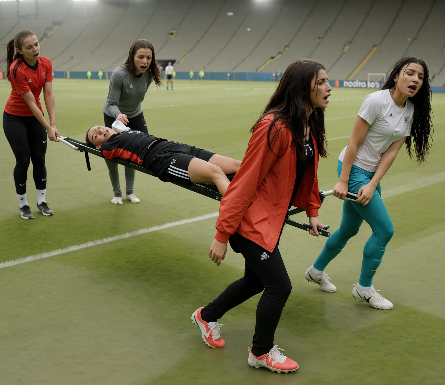 a soccer scene in a sports stadium, cool and wet weather conditions, humide ground, rainy sky, injury scene in a sports stadium, stretcher carry, there are four female medics carrying a stretcher, there are four female medics in very shiny coats who are carrying a stretcher in a sports stadium, there is a wounded male soccer player in a matte short cotton sports outfit lying on the stretcher, an injured male soccer player in matte cotton sportswear is lying in pain on a stretcher, a soccer player in matte cotton sports clothes is rearing up in intense pain while lying on a stretcher, dramatic scene, theatralic posing scene, dramatic pity scene, injury soccer, first aid, help, pity, there are four female medics in wetlook high-shine coats who are looking very sad and very terrified and very shocked, the injured soccer player is screaming out in pain while he is carried from the pitch on a stretcher