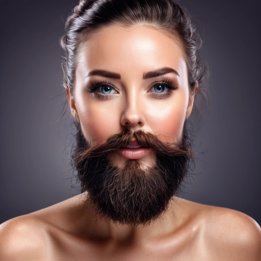 
clear, precise and realistic portrait, hugely bearded woman receives her beard product