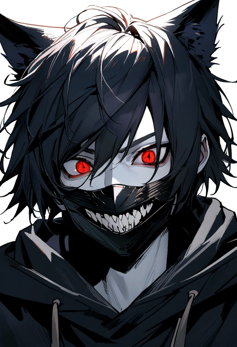 1man, portrait, angelic appearance, solo, Male, large, red eyes, has a scary smile and kitten sharp teeth. Long Black wolf cut hair,, white skin, wears a black hoodie, wears a black mask to cover mouth, stalker, husband