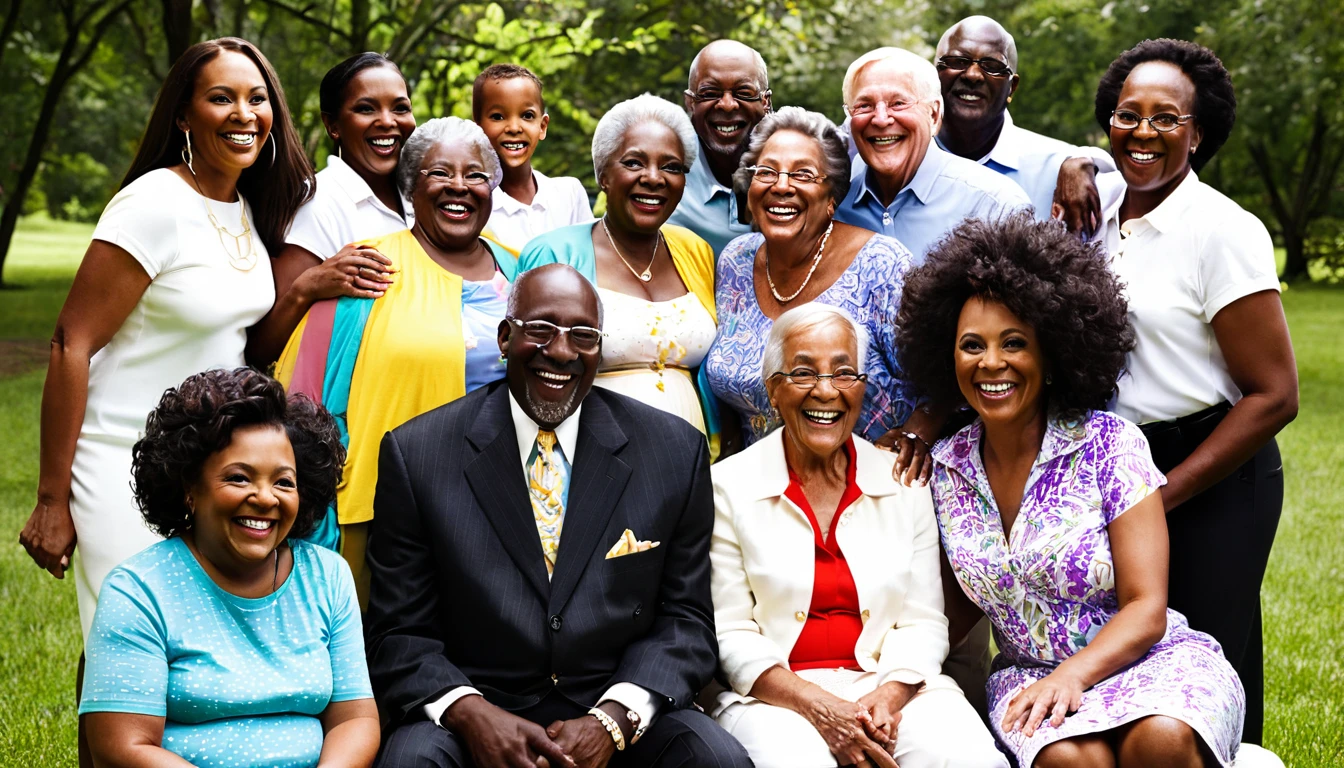 A joyful family gathering with Edward McDonald, a black man, surrounded by his black wife Mazola Ann, four children, grandchildren, and great-grandchildren. Everyone is smiling and enjoying their time together.