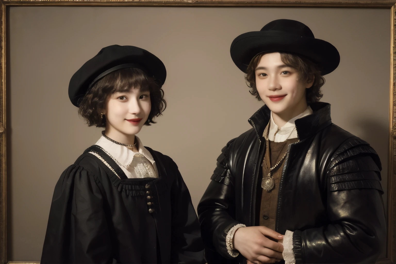 252 (An 18-year-old female and an 18-year-old male), (short hair),kind, lipstick, (Rembrandt-style painting), smile
